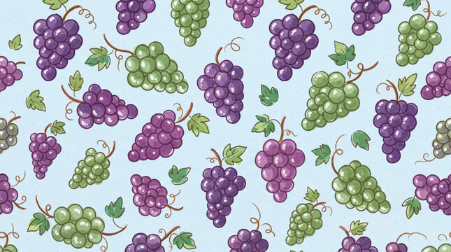Seamless pattern with hand drawn purple and green grapes on a light blue background