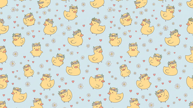Seamless pattern with cute yellow baby ducks wearing flower crowns and small daisies with hearts on a light blue background