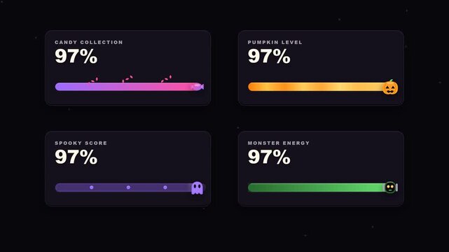 Halloween game progress bars with percent values and icons