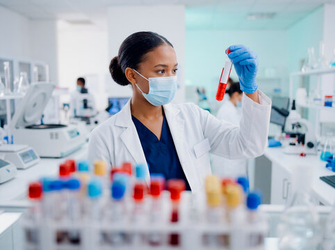 Female scientist in lab coat and face mask examining test tube with red liquid