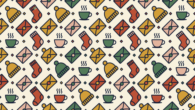 Seamless christmas pattern featuring holiday elements including socks, hats, and warm drinks