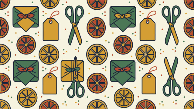 Seamless holiday wrapping pattern with gifts, tags, scissors, and orange slices