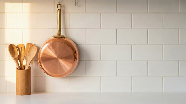 Kitchen copper pan and wooden utensils on white countertop with subway tile backsplash, modern cooking concept.