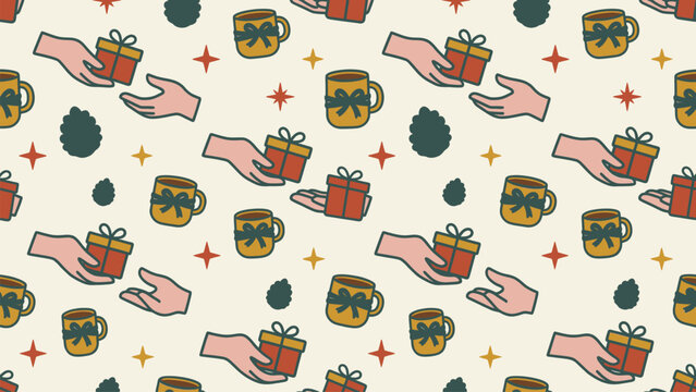 Christmas festive seamless pattern with hands exchanging gifts, mugs, and pinecones