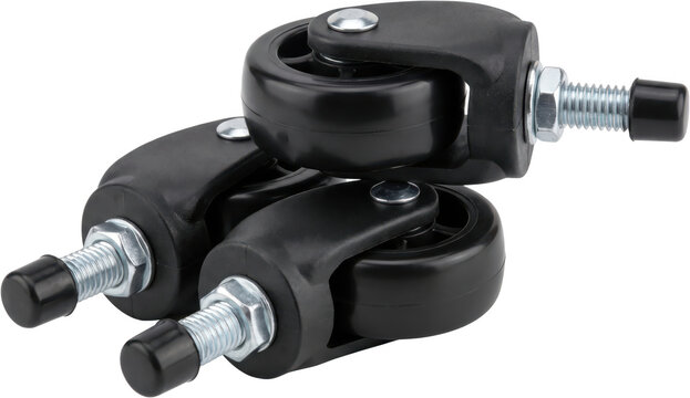 Three heavy duty black swivel caster wheels with threaded stems and metal nuts arranged together showing industrial replacement hardware components bolt