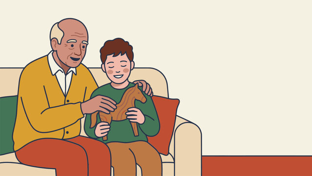 Kind grandfather and grandson on a sofa, sharing a sweet moment with a wooden toy horse