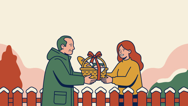 Woman giving gift basket to elderly man, symbolizing christmas human connection