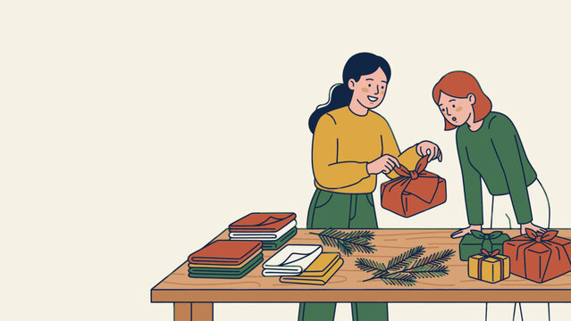 Two women wrapping Christmas presents with evergreen branches on a wooden table