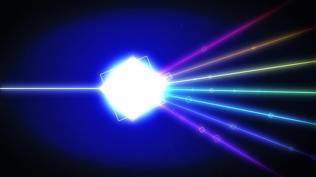 Light refracting through prism cube dispersing into rainbow colors, futuristic technology background, motion graphics