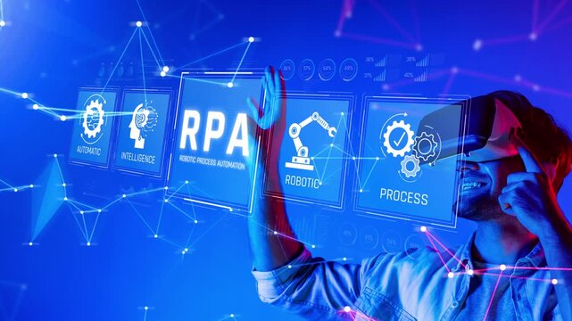 Futuristic Interface for Robotic Process Automation with Icons of Technology, Automation, and Intelligence in a Professional Setting Sigmoid