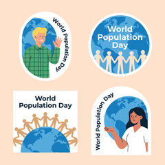 Fototapeta premium Global population day sticker set featuring diverse people and globe art