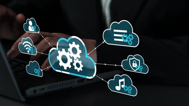 Conceptual illustration of cloud computing technology with gears, data processing, and digital icons representing various services and applications related to the internet. Entropy.