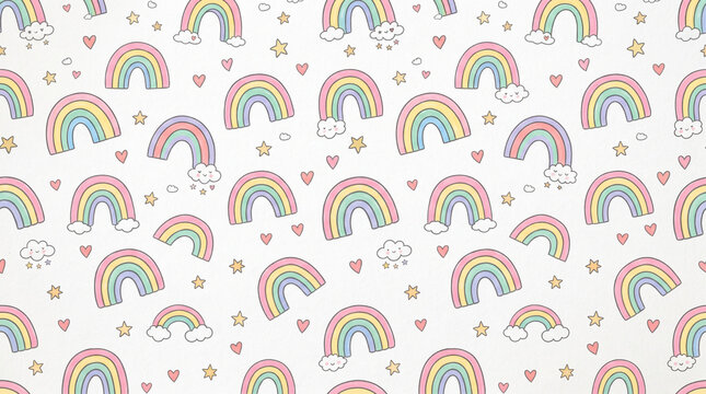 Seamless pattern with cute rainbows, stars, and hearts isolated on white background