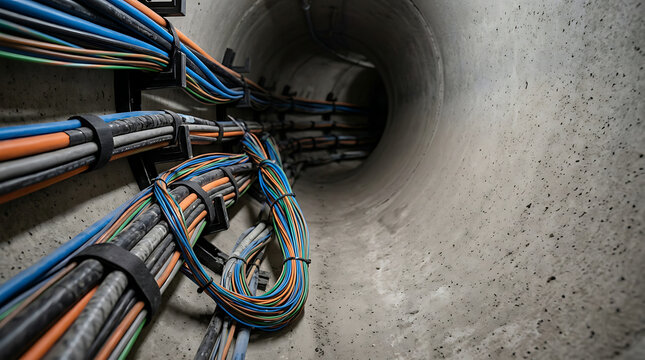 Underground concrete utility tunnel featuring extensive bundles of fiber optic and telecommunication cables for 5G network infrastructure and high-speed broadband data transmission.