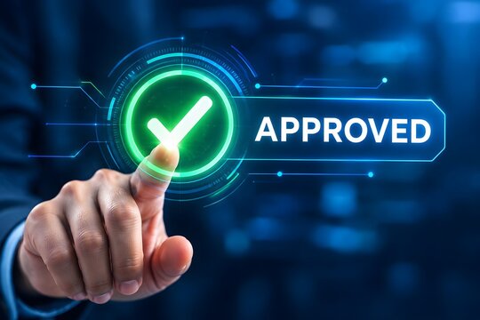 A professional businessman touching a glowing digital interface button with an approved checkmark symbol, representing success, quality control, and business validation.