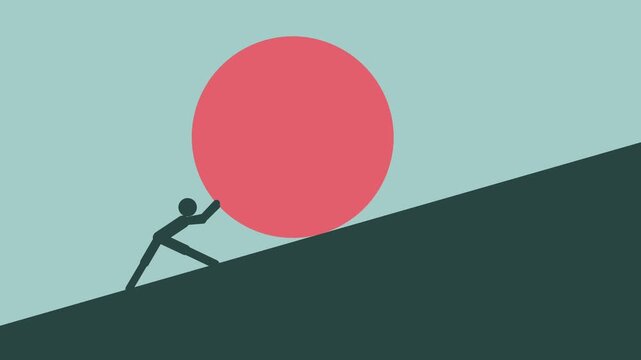 Minimalist animation of a person pushing a sphere uphill