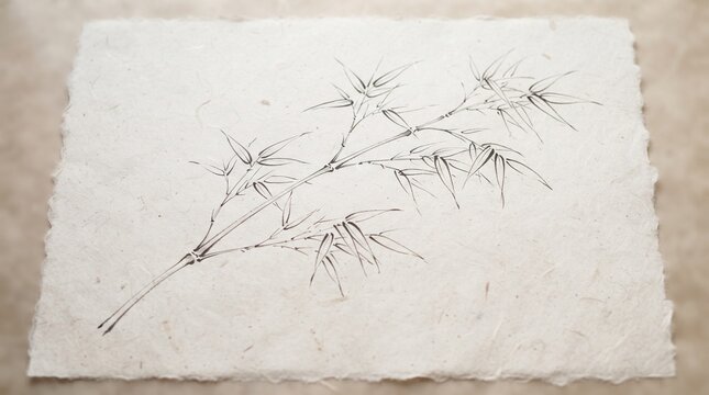 Traditional Japanese Sumi E Bamboo Branch Ink Painting on Handmade Rice Paper