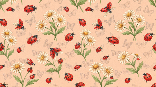 Seamless pattern with cute ladybugs and white daisy flowers on a soft peach background, spring nature illustration
