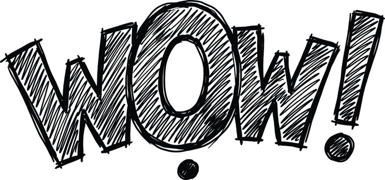 Wow comic bubble exclamation text hand drawn hatching sketch vector illustration isolated element for surprise reaction greeting