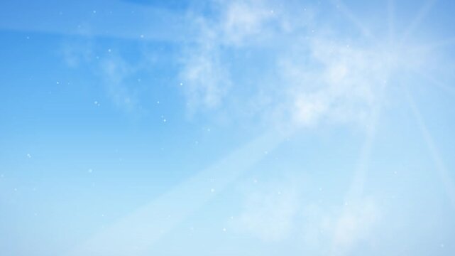 Sun rays and white clouds drifting across clear blue sky with subtle floating particles in clean motion