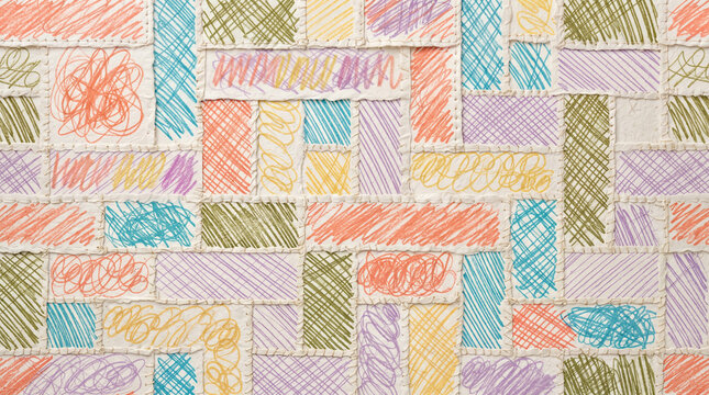 Abstract background of colorful handdrawn scribbles on rectangular paper patches arranged in a patchwork quilt pattern with visible stitching
