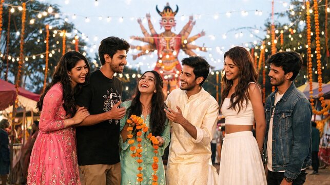 Friends Celebrating Dussehra Event with Ravana Effigy in Background
