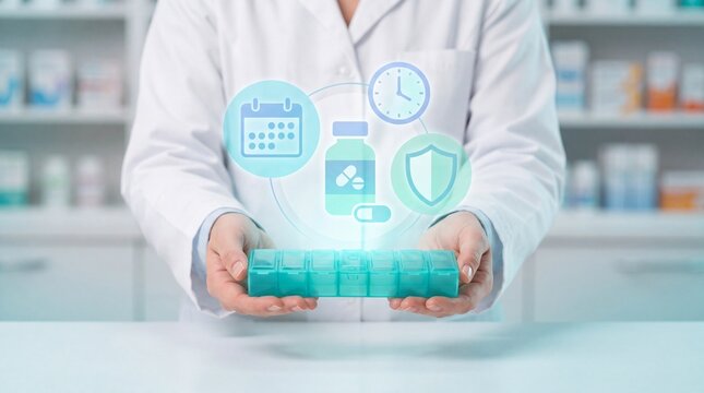 Pharmacist holding a daily pill organizer with digital health icons in a retail pharmacy setting with coat holds plastic
