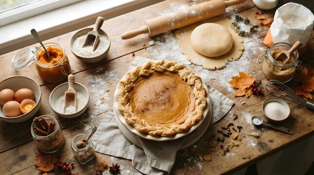 Freshly baked homemade pumpkin pie on a rustic wooden kitchen table with baking ingredients and tools