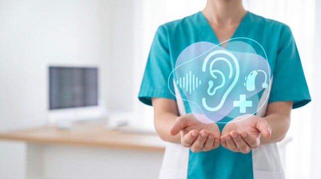A healthcare professional holds a digital holographic icon of an ear and a hearing aid in office with healthcare worker