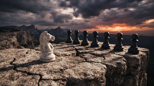 White chess knight facing black pawns on a rocky cliff edge at sunset