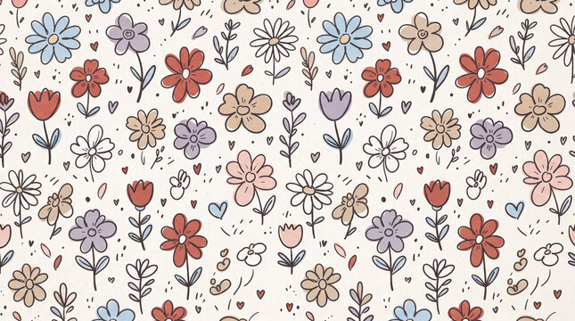 Seamless pattern with handdrawn colorful flowers, leaves, and small hearts on a white background