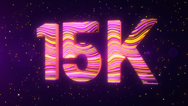 Large perspective view of a futuristic 3D 15K number featuring vibrant purple, yellow, and magenta flowing lines, luminous edges, and glowing particles against a dark cosmic background.