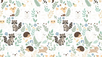 Obraz premium Minimalist Pastel Woodland Animals and Subtle Line Art Botanical Seamless Surface Pattern Featuring Cute Raccoons Foxes Bunnies