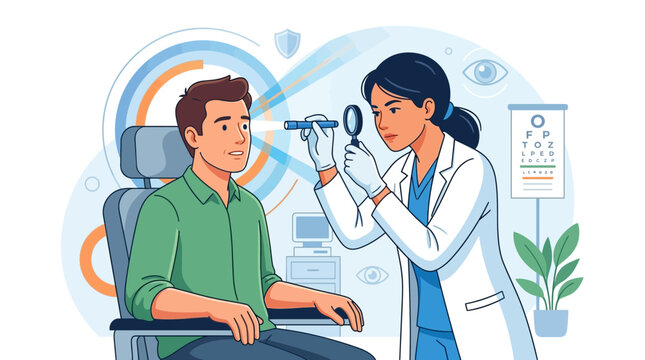 Ophthalmologist examines patient's eye with ophthalmoscope and magnifying glass, eye chart in background. Healthcare concept.