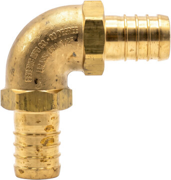 Close up view of a metallic brass ninety degree hose fitting connector featuring threaded hexagonal nuts and barbed ends designed for plumbing applications