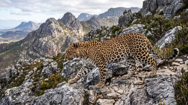 Leopard walking on rocky mountain terrain in the wild, majestic big cat in natural habitat, wildlife photography