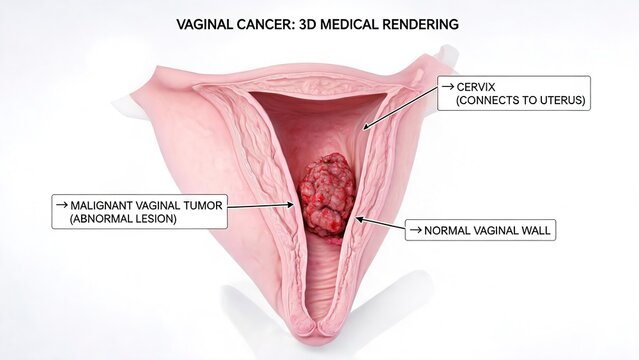 Vaginal cancer 3D medical rendering, labeled female reproductive anatomy showing malignant vaginal tumor, cervix and normal vaginal wall