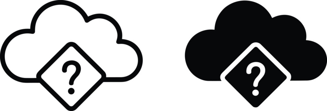 Cloud with a question mark inside a diamond shape, black and white symbols for technical support and cloud computing concepts.