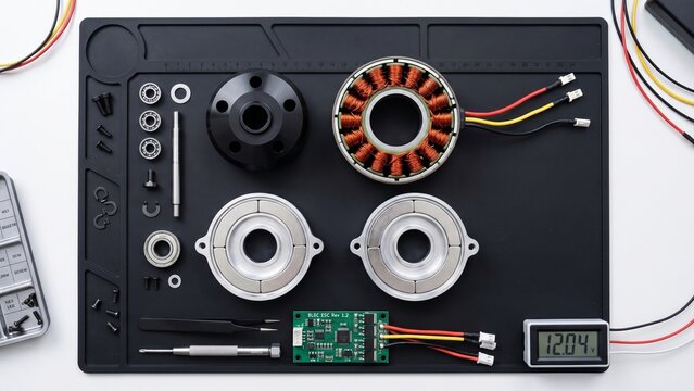 Disassembled brushless electric motor components arranged on an electronics repair mat with copper windings, bearings and controller
