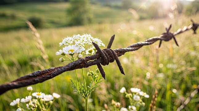 Barbed Wire Fence with White Wildflowers in a Sunny Meadow, Rustic Rural Landscape Photography for Conceptual Freedom and Nature Themes