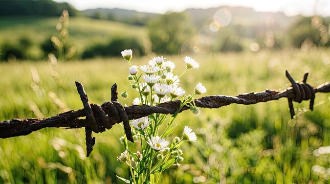 Wildflowers Growing Through Rusty Barbed Wire Fence in a Sunny Meadow, Rural Landscape Photography with Soft Bokeh Background