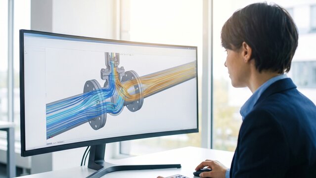 Engineer working at a computer displaying a computational fluid dynamics simulation of flow through a valve assembly

