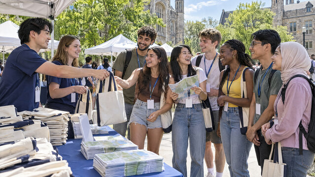 International Students From Different Countries Chatting and Laughing at University Orientation Day Outdoor Welcome Event With Tables Tote Bags and Campus Map, Welcoming a New Academic Community