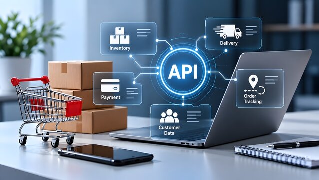 API integration connecting e commerce functions like inventory payment delivery order tracking and customer data management on a laptop screen.