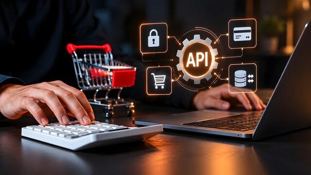 Person using calculator and laptop with glowing API interface and icons for security shopping cart credit card and database