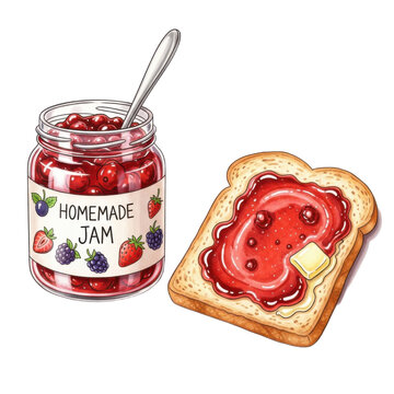 A vibrant illustration of homemade raspberry jam spread on bread with a jar labeled Homemade Jam and fresh berries depicted