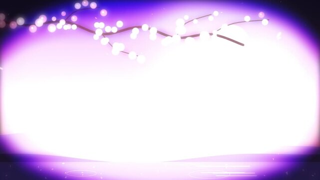 Abstract cherry blossom branches with falling petals under soft glowing moon light in magical evening park scene