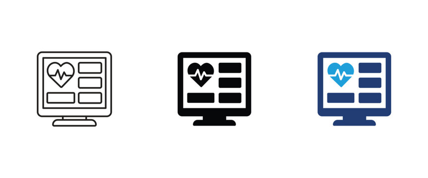 patient health dashboard monitor icon set, electronic medical record emr screen vector, cardiac vitals telemetry display symbol, clinical diagnostic software sign, healthcare graphic