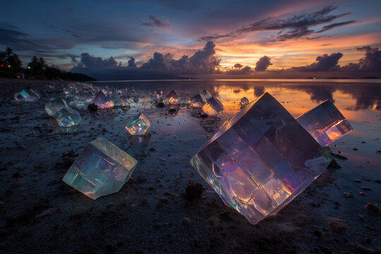 Glowing geometric glass cubes on tropical beach during sunset