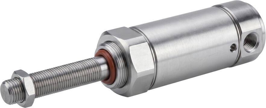 A stainless steel pneumatic cylinder with threaded rod and hex nut showcasing industrial mechanical component design and engineering precision industrial component